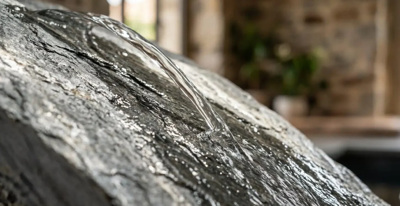 Vue rapprochée d'une cascade spa utilisant l'effet Coandă pour diriger l'eau sans éclaboussures