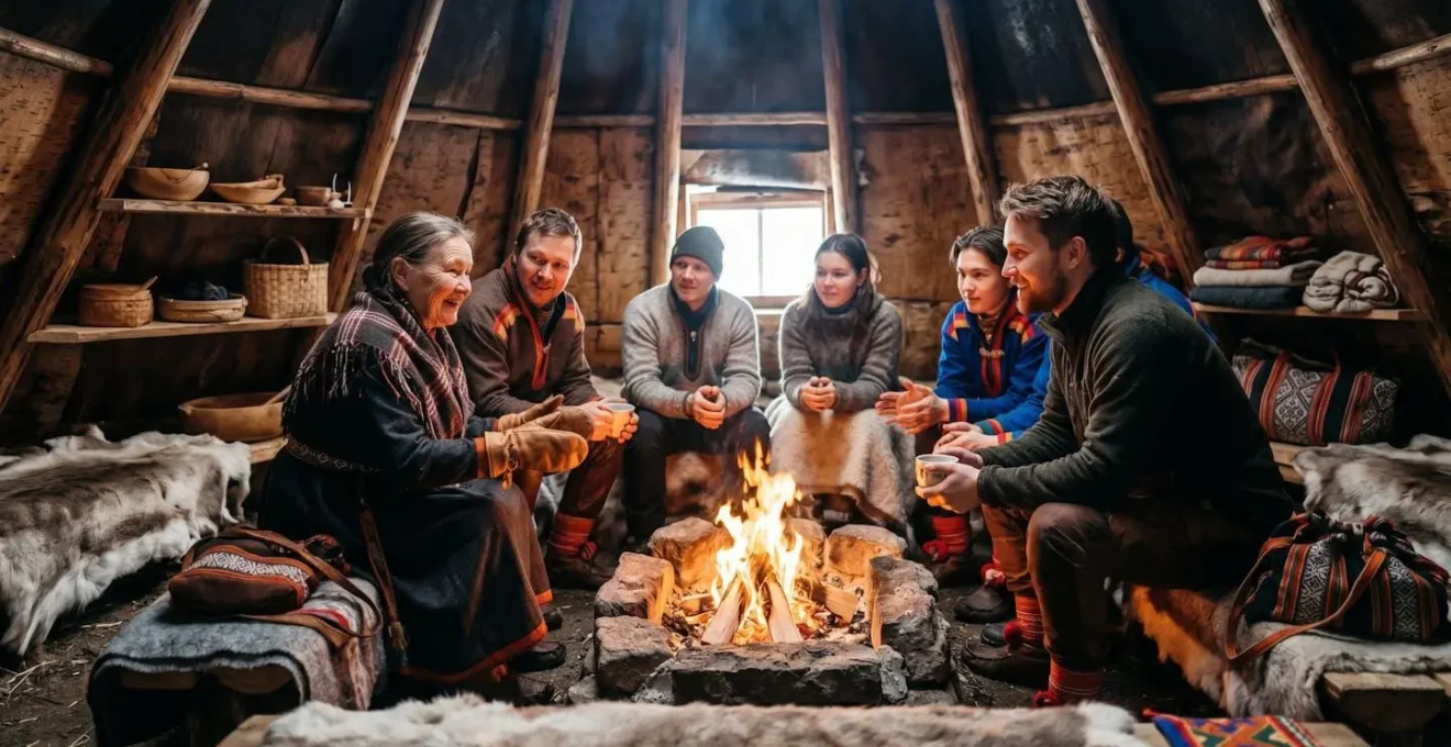 Intérieur chaleureux d'un kota lapon traditionnel avec feu central et personnes assises en cercle