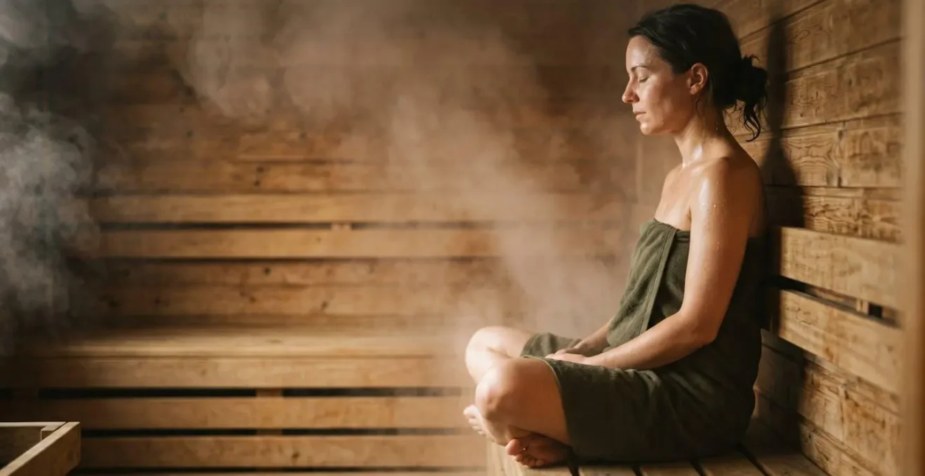 Vue latérale de l'intérieur d'un sauna montrant les différents niveaux de bancs