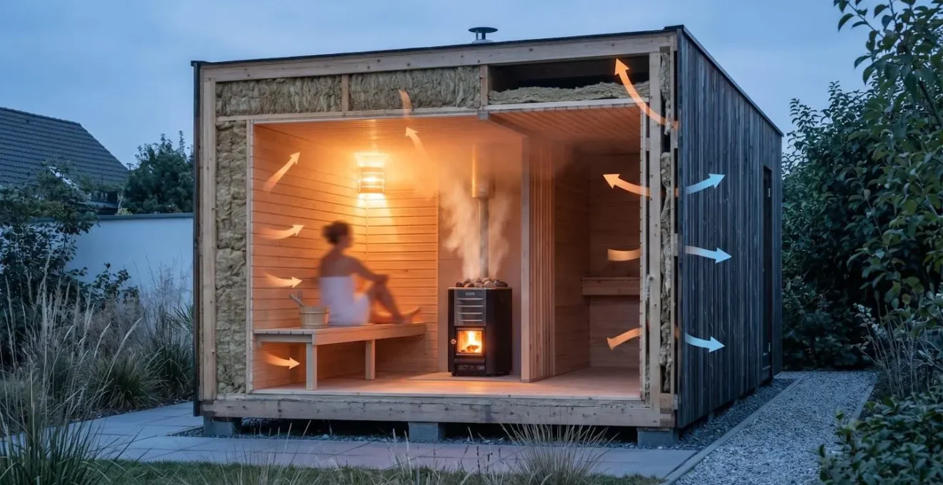 Vue en coupe d'une cabine de sauna montrant l'isolation thermique et la circulation de chaleur