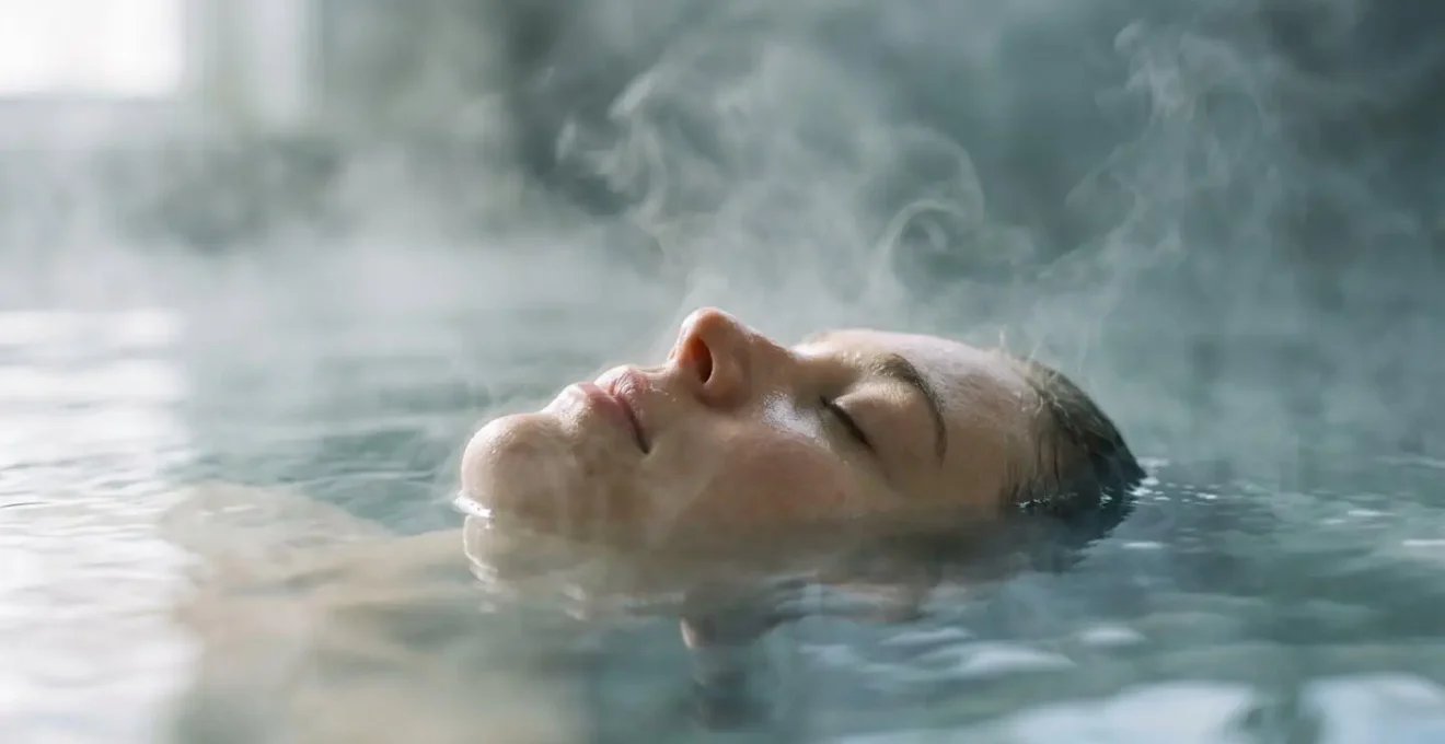 Visage serein d'une personne les yeux fermés émergeant partiellement de l'eau avec de la vapeur autour