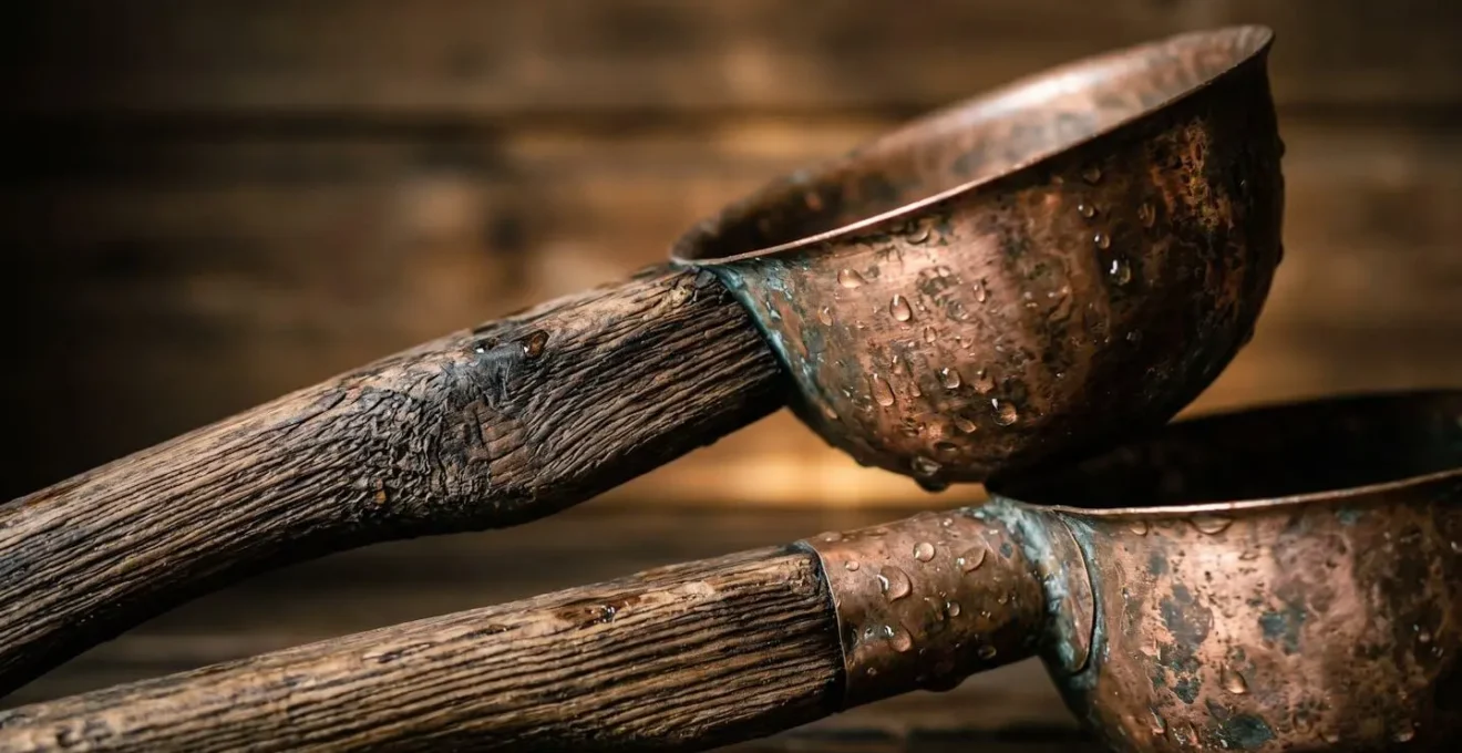 Louches de sauna artisanales en bois et cuivre disposées sur un banc en bois