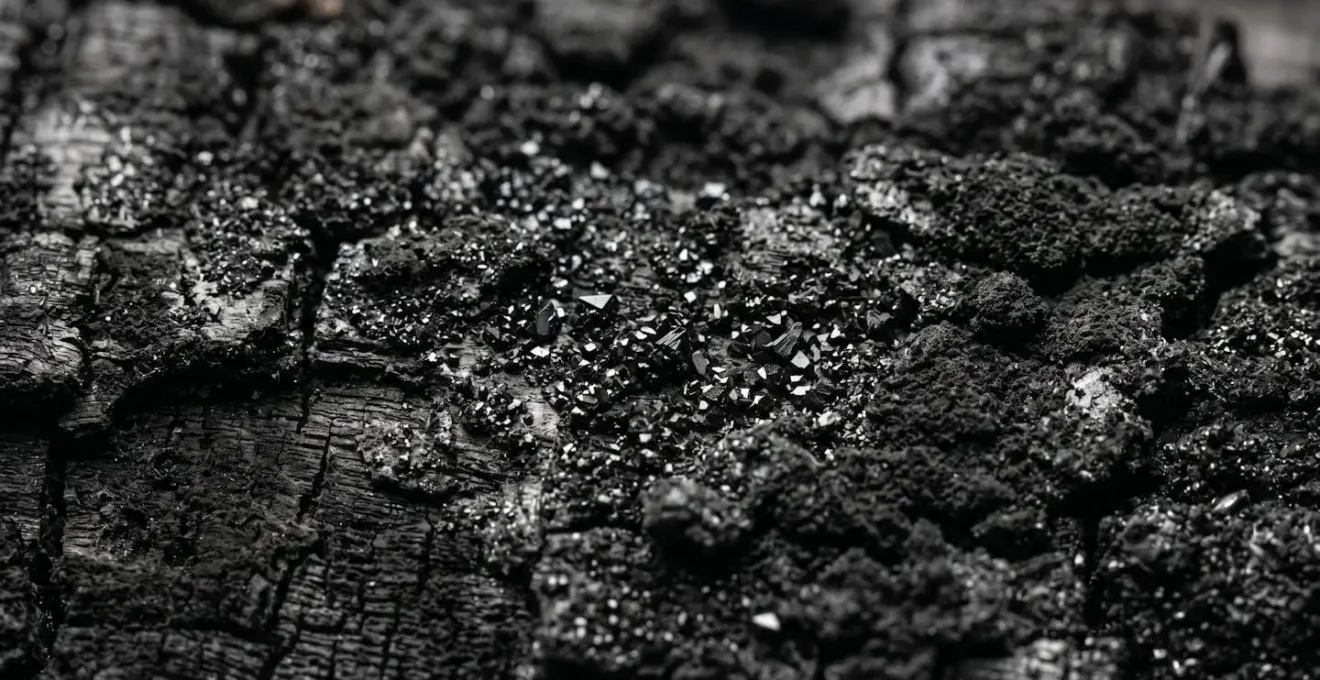 Texture macro de suie sur bois brûlé montrant les cristallisations de phénols