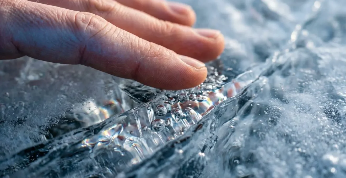Gros plan sur une main posée sur de la glace naturelle montrant les détails de texture et les reflets