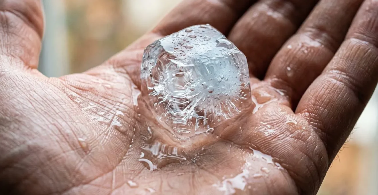 Macro photographie d'une main tenant un glaçon avec détails de la glace fondante