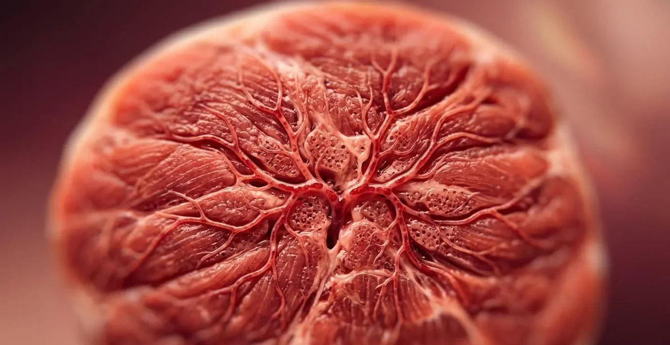 Vue macro de fibres musculaires avec réseau de capillaires sanguins montrant l'oxygénation