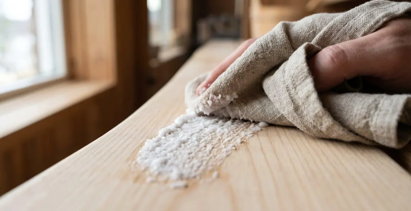 Gros plan sur une main appliquant délicatement une pâte blanche sur du bois d'abachi clair