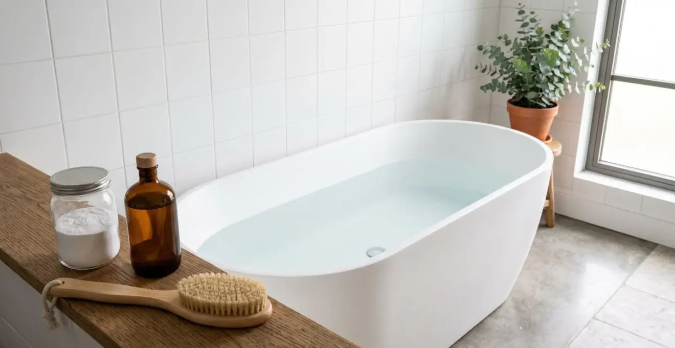 Vue minimaliste d'une baignoire moderne avec produits de nettoyage naturels disposés élégamment