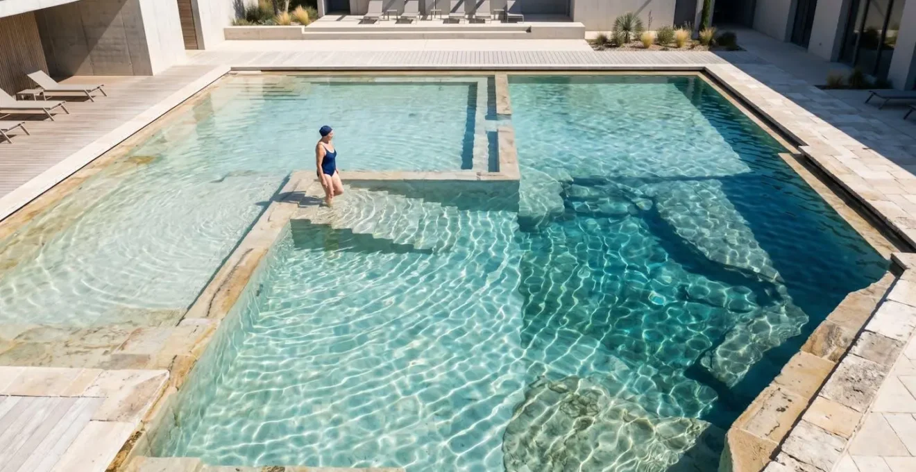 Vue aérienne d'un bassin thermal avec marqueurs visuels de profondeur progressive