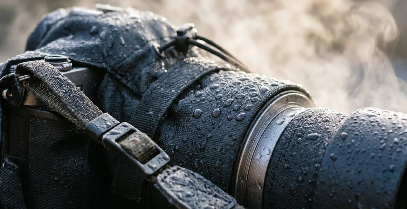 Photographe protégeant son appareil photo de la vapeur près d'un bain nordique