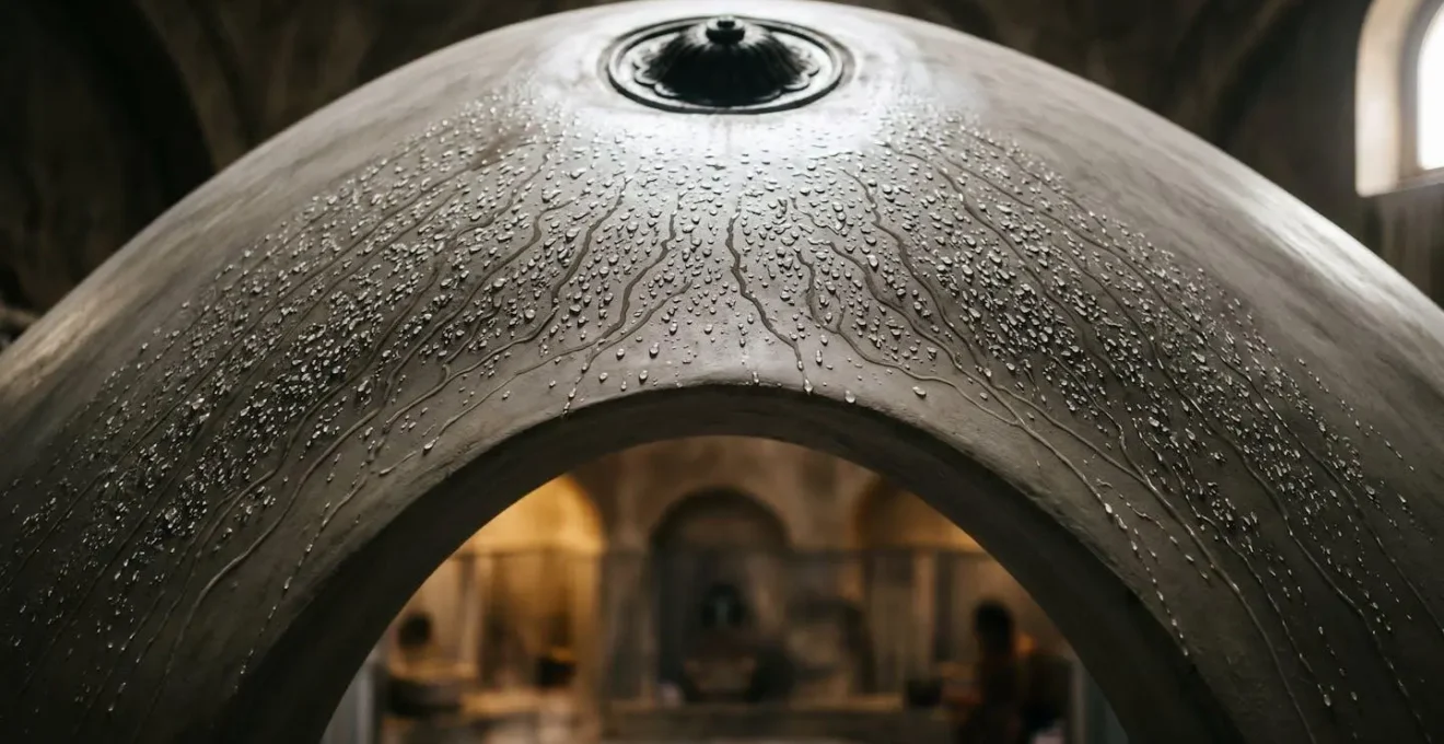Coupe architecturale d'un plafond voûté de hammam montrant l'écoulement de la condensation