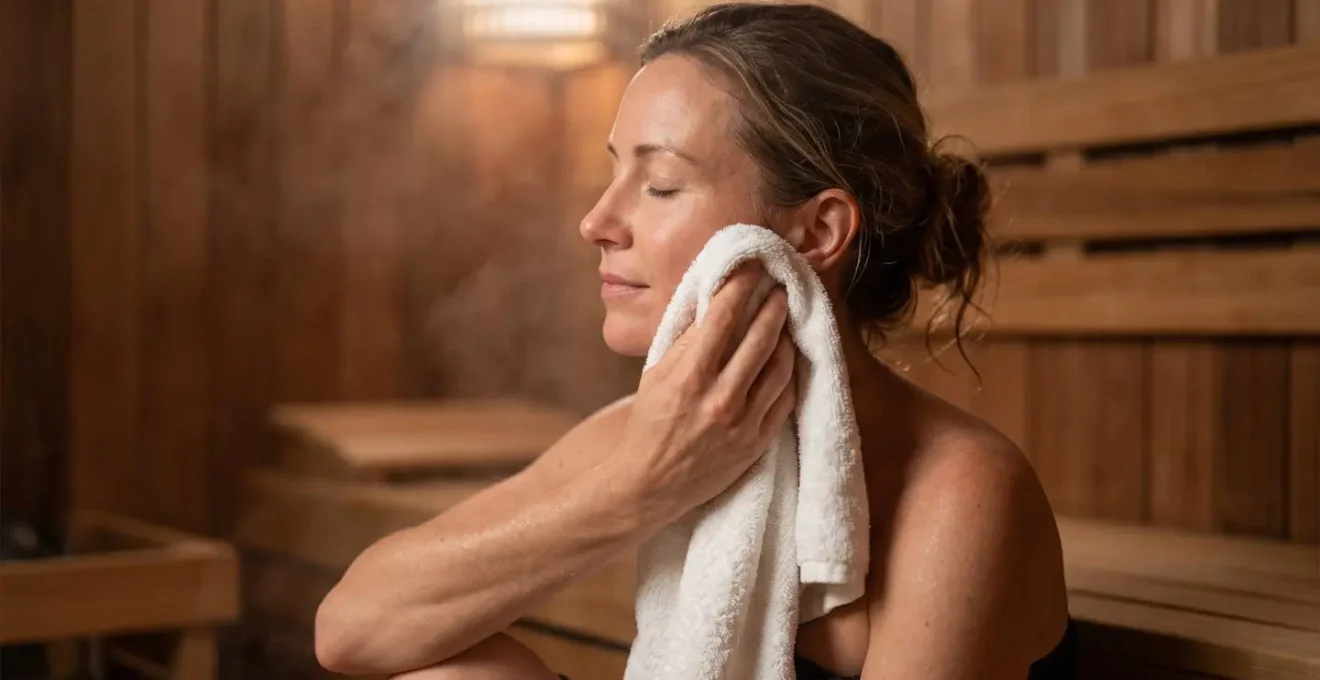 Femme appliquant délicatement une serviette fraîche sur son visage dans un environnement de sauna