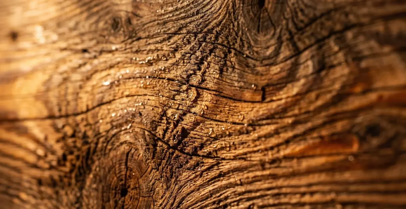 Gros plan sur les textures du bois d'épicéa avec ondes vibratoires suggérées par la lumière