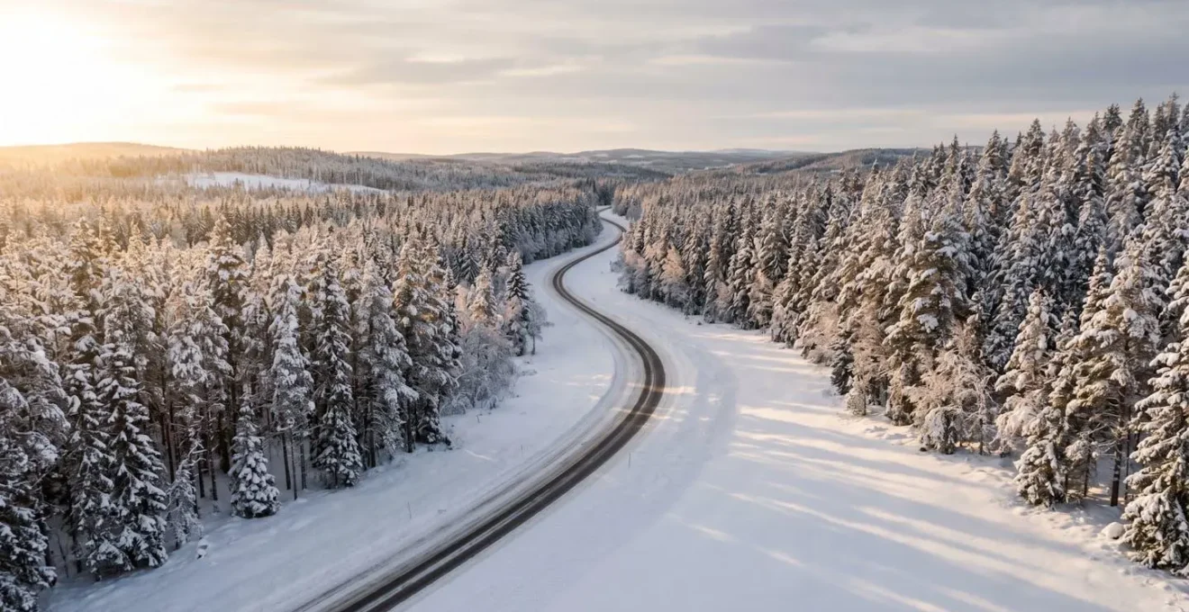 Route hivernale à travers une forêt de sapins enneigés en Suède