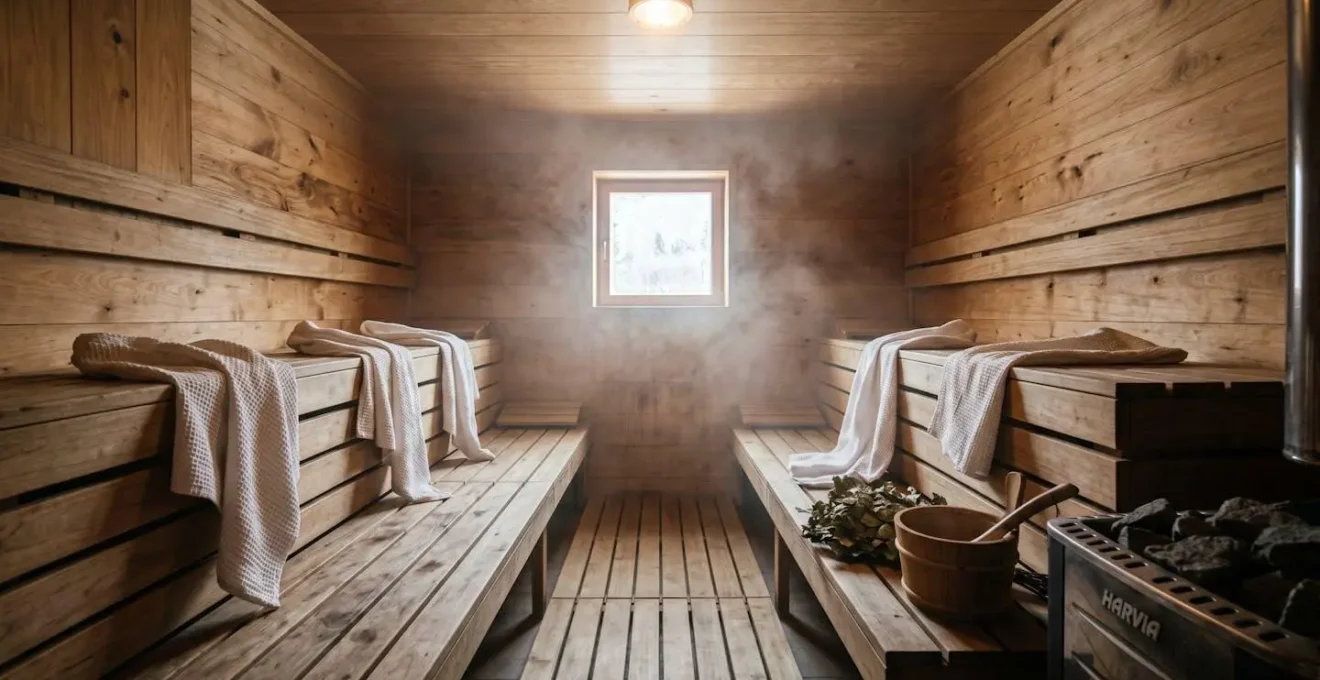 Vue large d'un sauna après un rituel Aufguss avec participants en relaxation