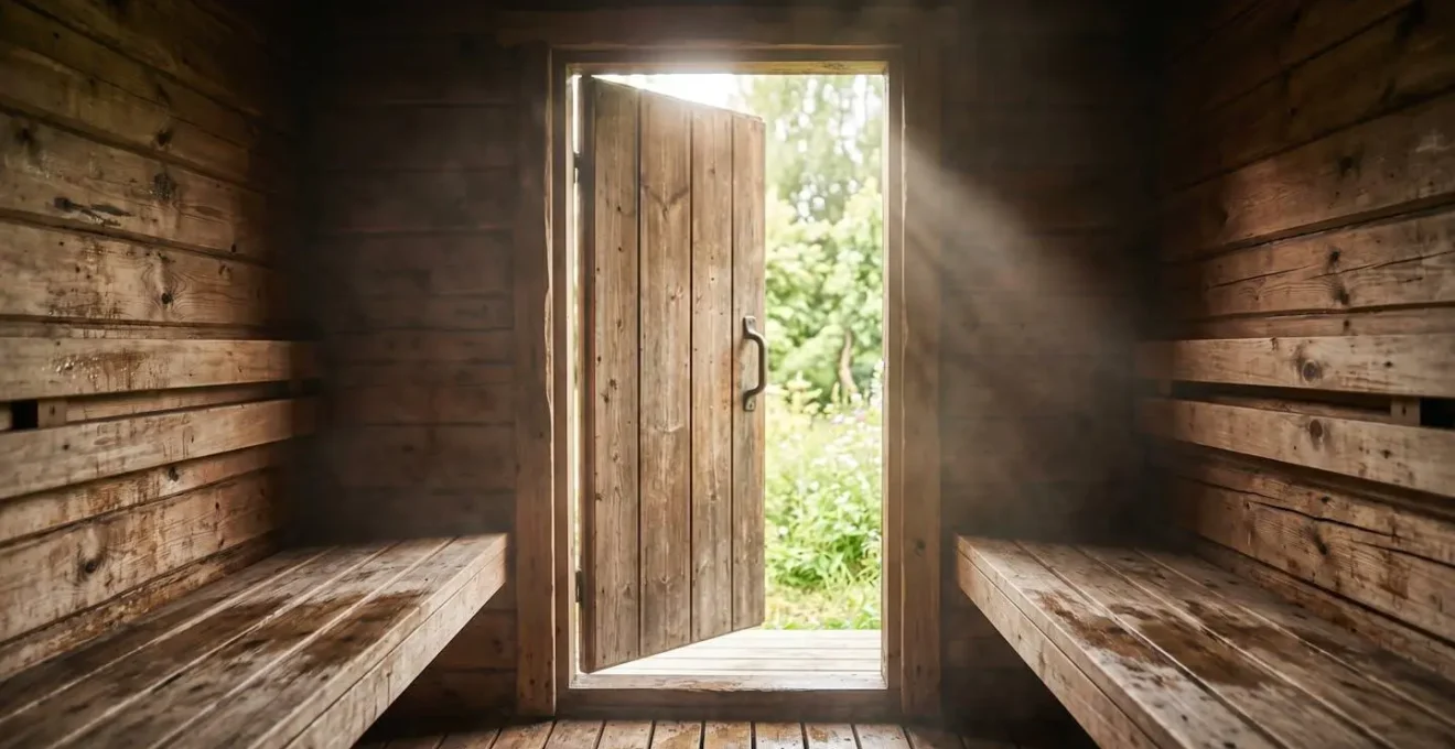 Vue d'ensemble d'un sauna avec porte entrouverte laissant entrer la lumière naturelle