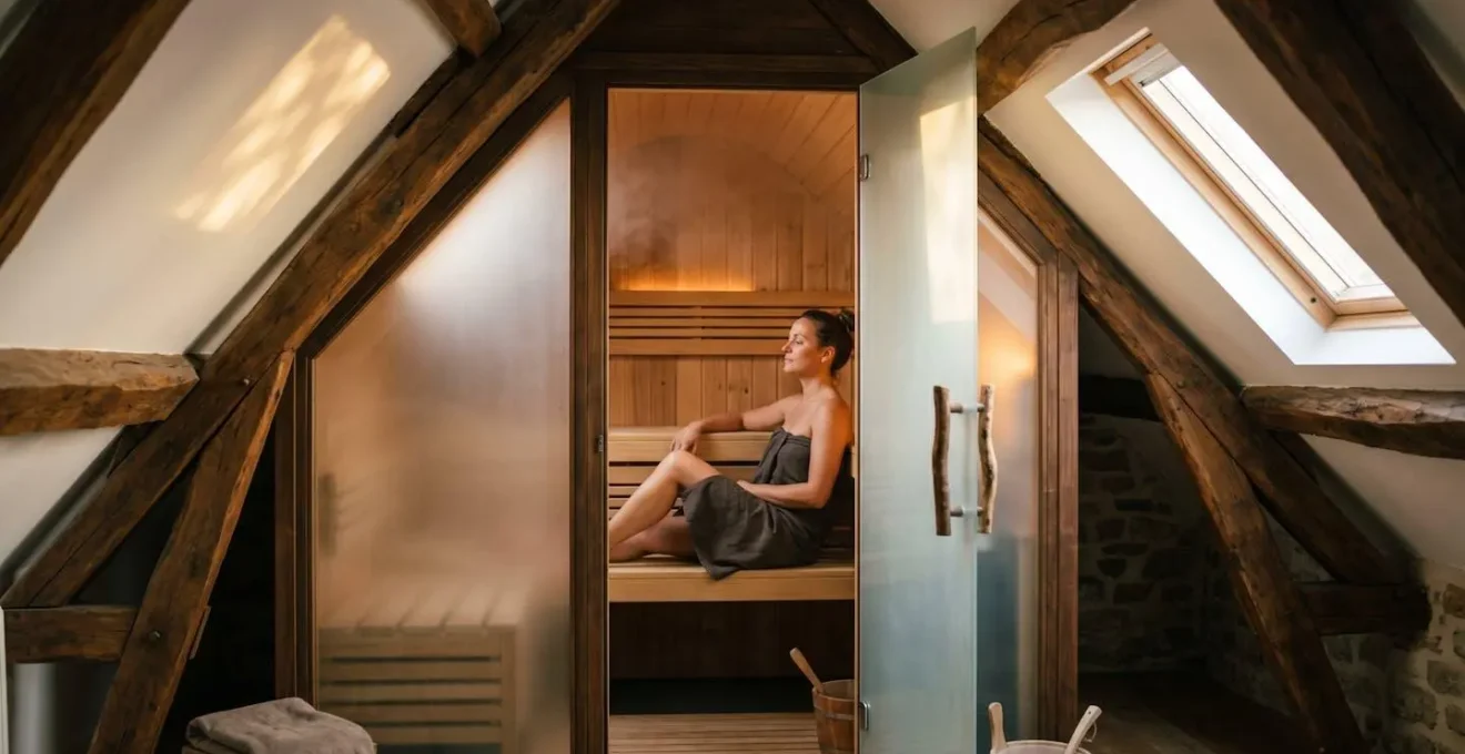 Sauna compact intégré sous pente dans des combles aménagés avec poutres apparentes