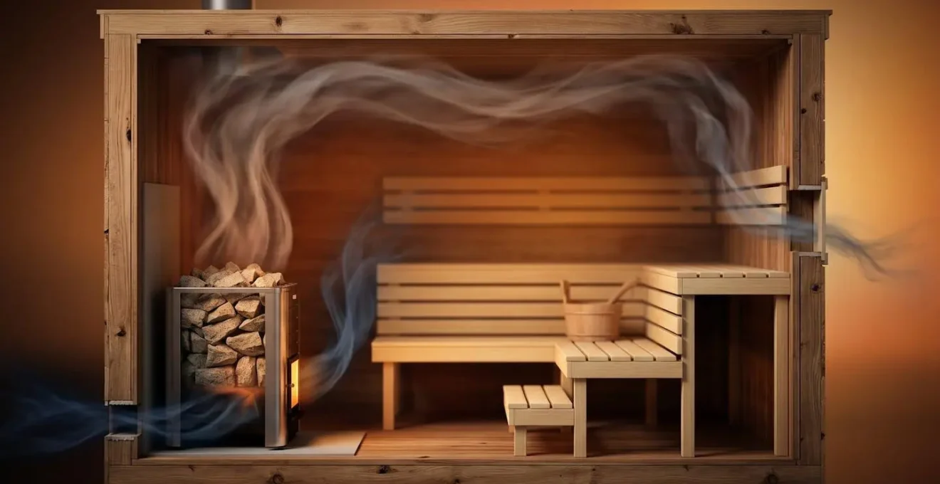Schéma technique de ventilation d'un sauna finlandais avec entrée d'air près du poêle