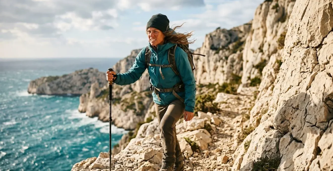 Randonneur face au mistral dans les Calanques de Marseille, symbolisant la résilience du sisu adapté au contexte méditerranéen