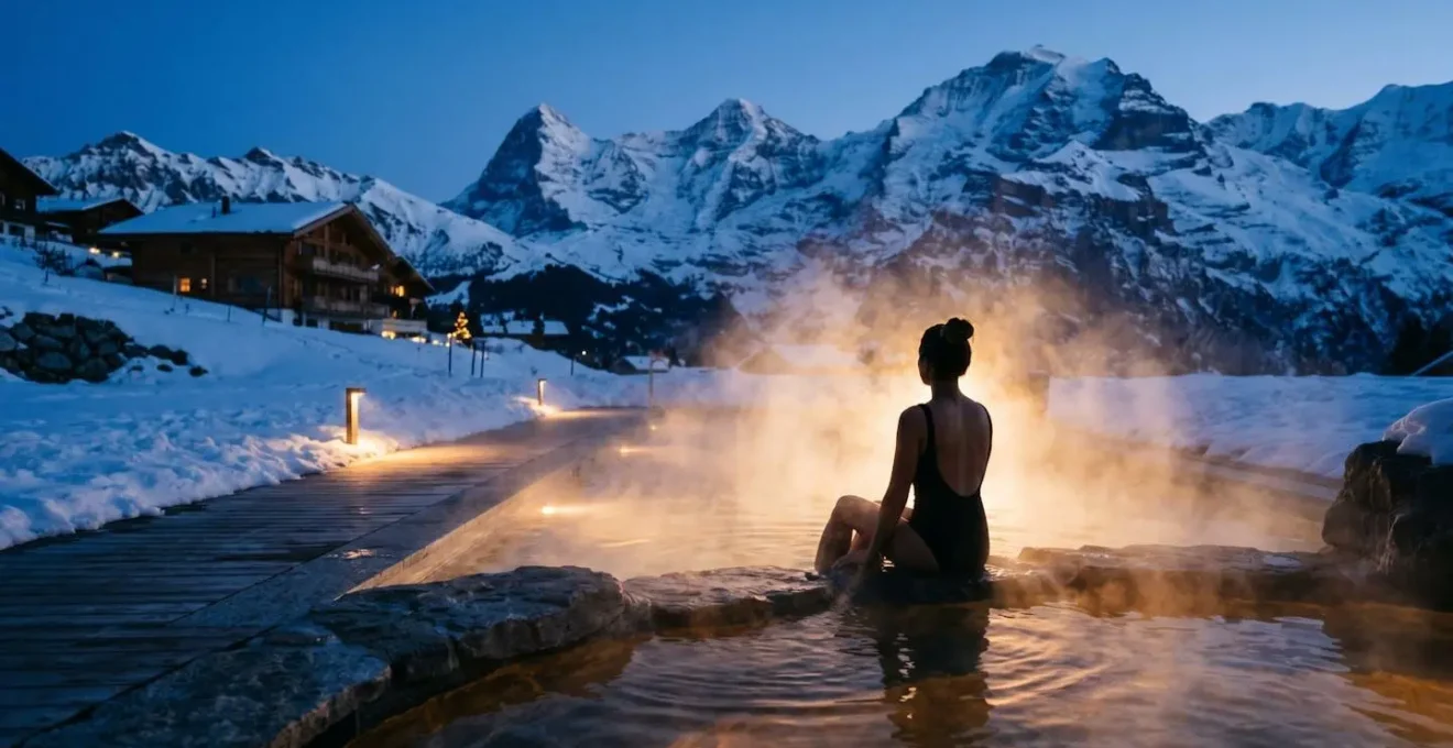 Bassin thermal extérieur dans les Alpes avec vapeur s'élevant face aux sommets enneigés