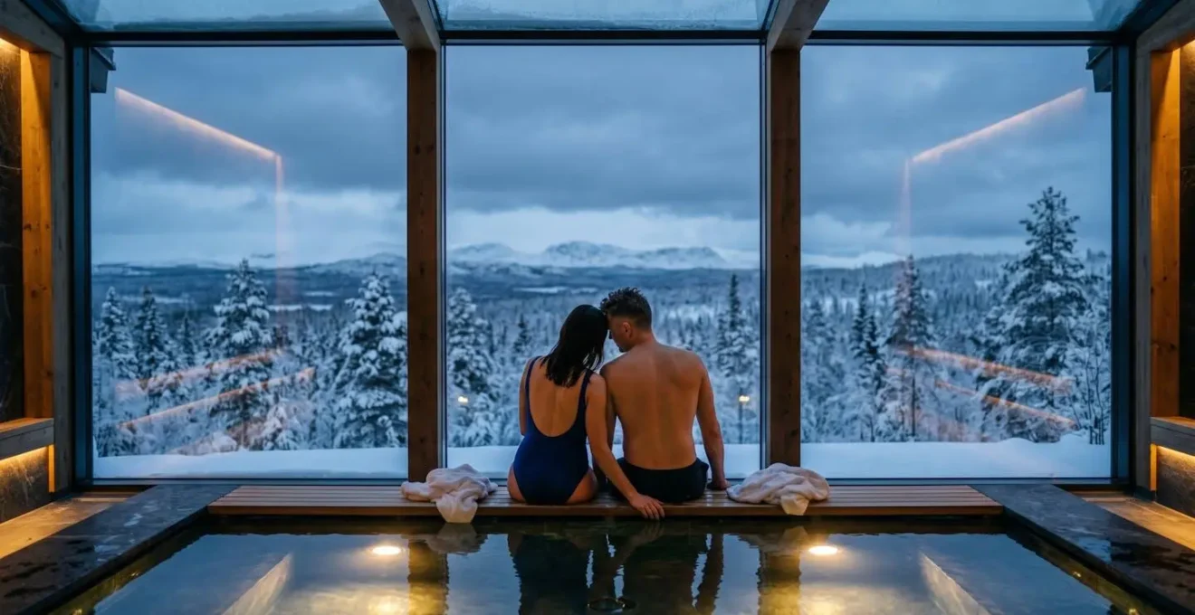 Spa intérieur avec vue panoramique sur paysage arctique enneigé