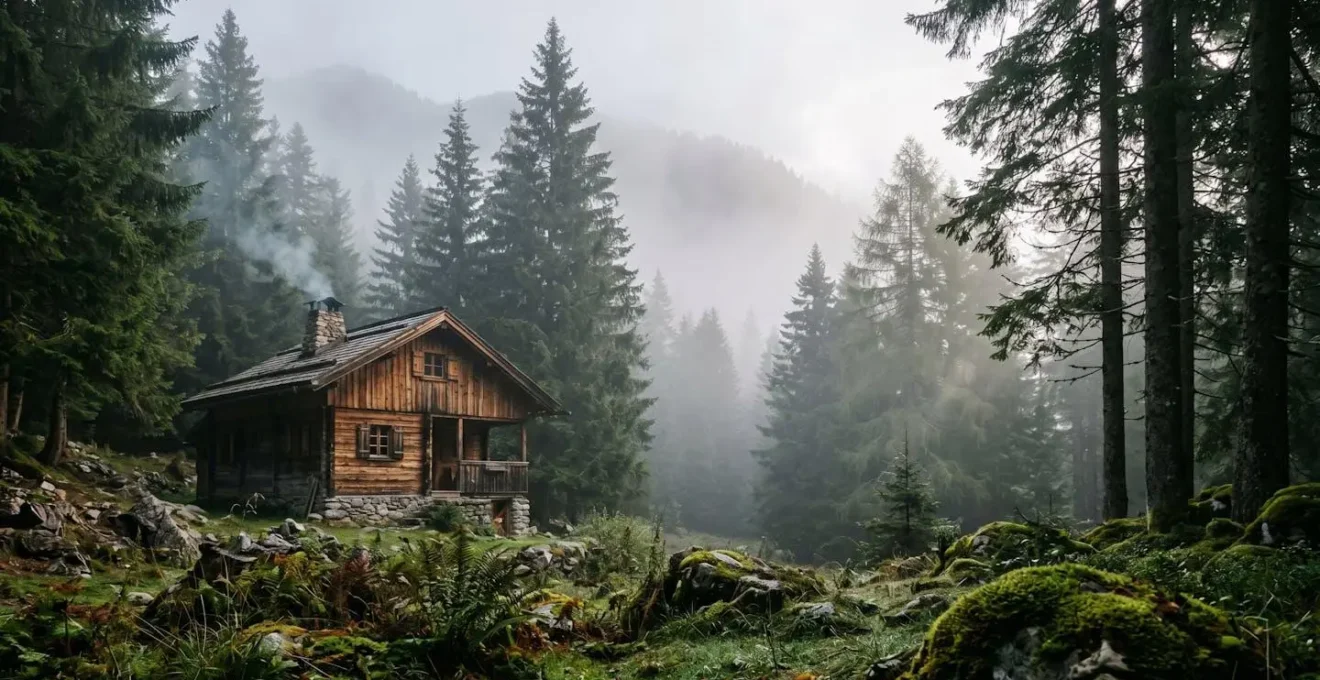 Vue large d'une cabane en bois nichée dans la forêt des Cévennes avec brume matinale