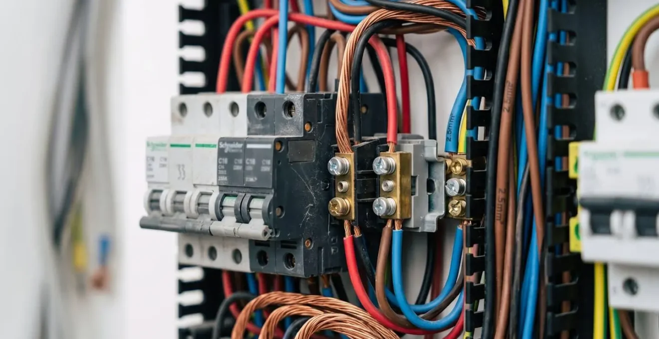 Gros plan sur un tableau électrique moderne avec disjoncteur dédié pour sauna