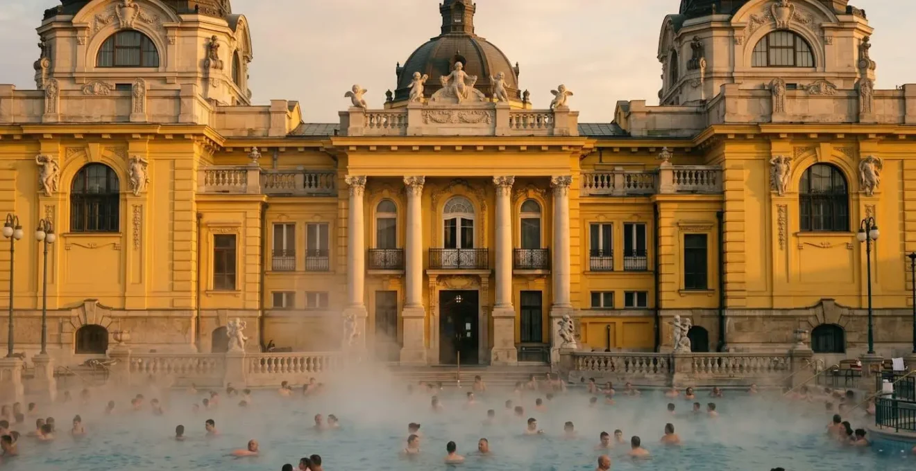 Façade jaune néo-baroque des thermes Széchenyi de Budapest avec bassins extérieurs fumants