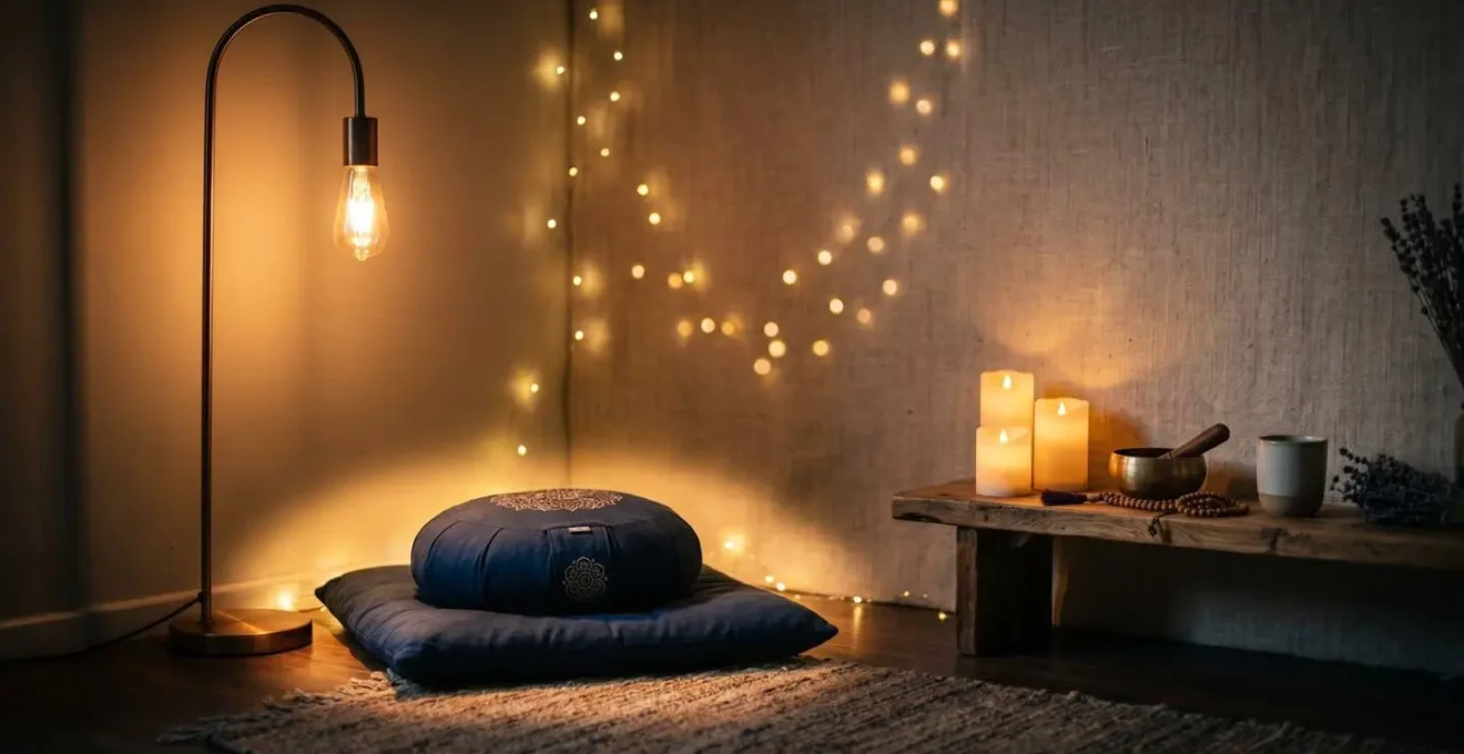 Coin détente avec éclairage tamisé variable et lampes d'appoint créant une atmosphère chaleureuse