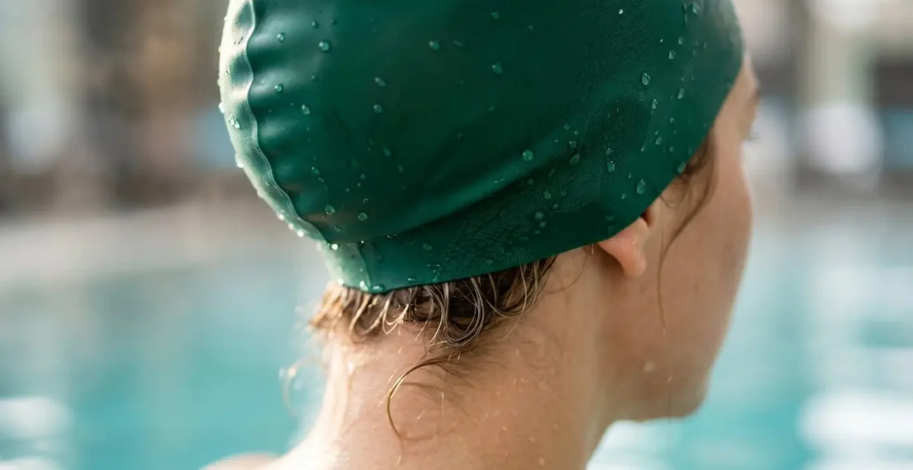 Femme portant un bonnet de bain élégant dans un spa thermal pour protéger ses cheveux de la silice.