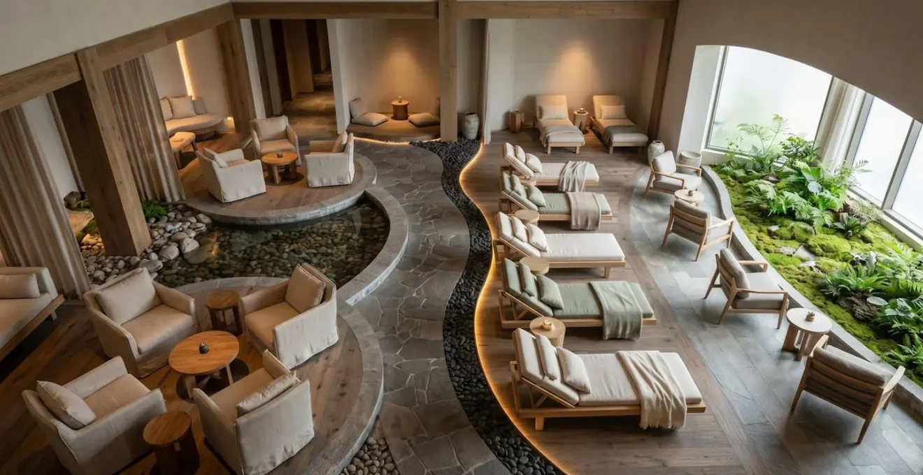 Vue aérienne d'un espace spa professionnel avec agencement optimal des zones de repos