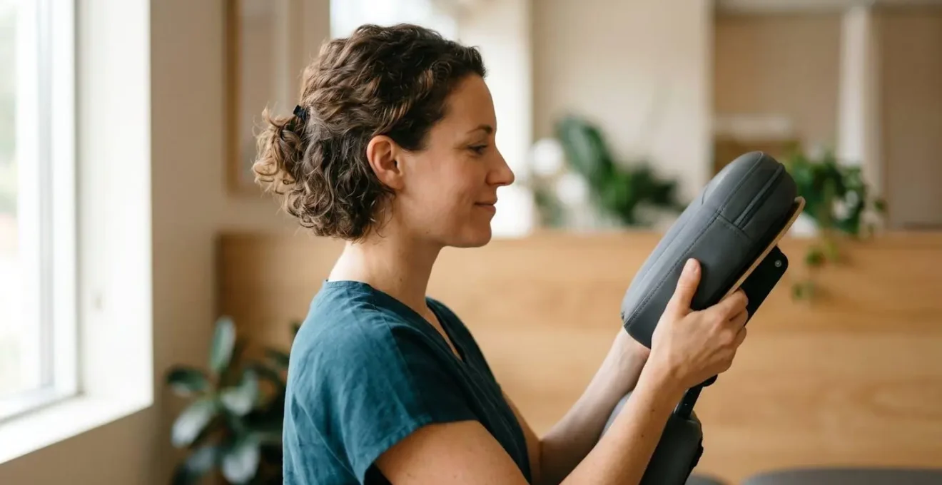 Profil d'une personne ajustant la têtière d'un fauteuil de massage pour un alignement optimal