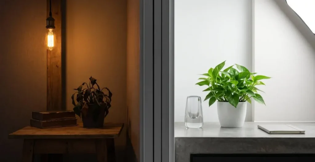 Comparaison visuelle entre la lumière d'une lampe classique et celle d'une lampe de luminothérapie Comparaison visuelle entre la lumière d'une lampe classique et celle d'une lampe de luminothérapie